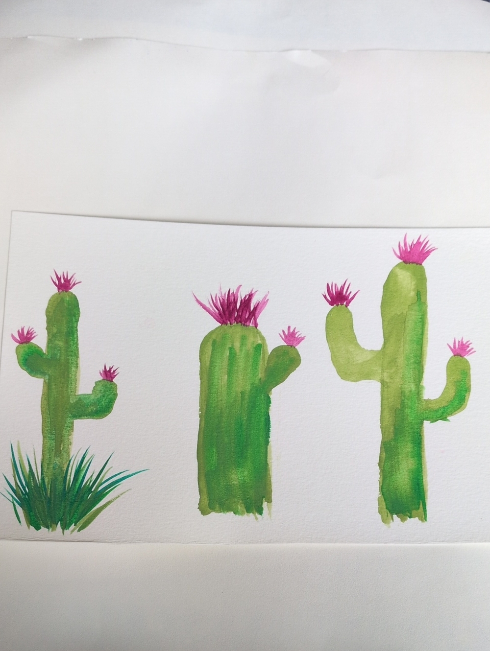 Watercolor Cactus Trio Painting with Pink Blooms